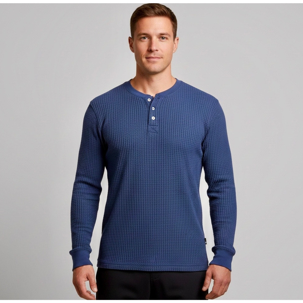 American Giant Henley Shirt Waffle Long Sleeve Blue Size Medium NEW